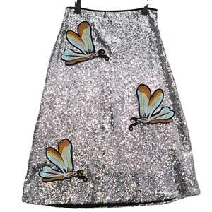 Dragon Fly Applique Silver Sequin Metallic Shimmer Midi Skirt Sz M Whimsical Y2K